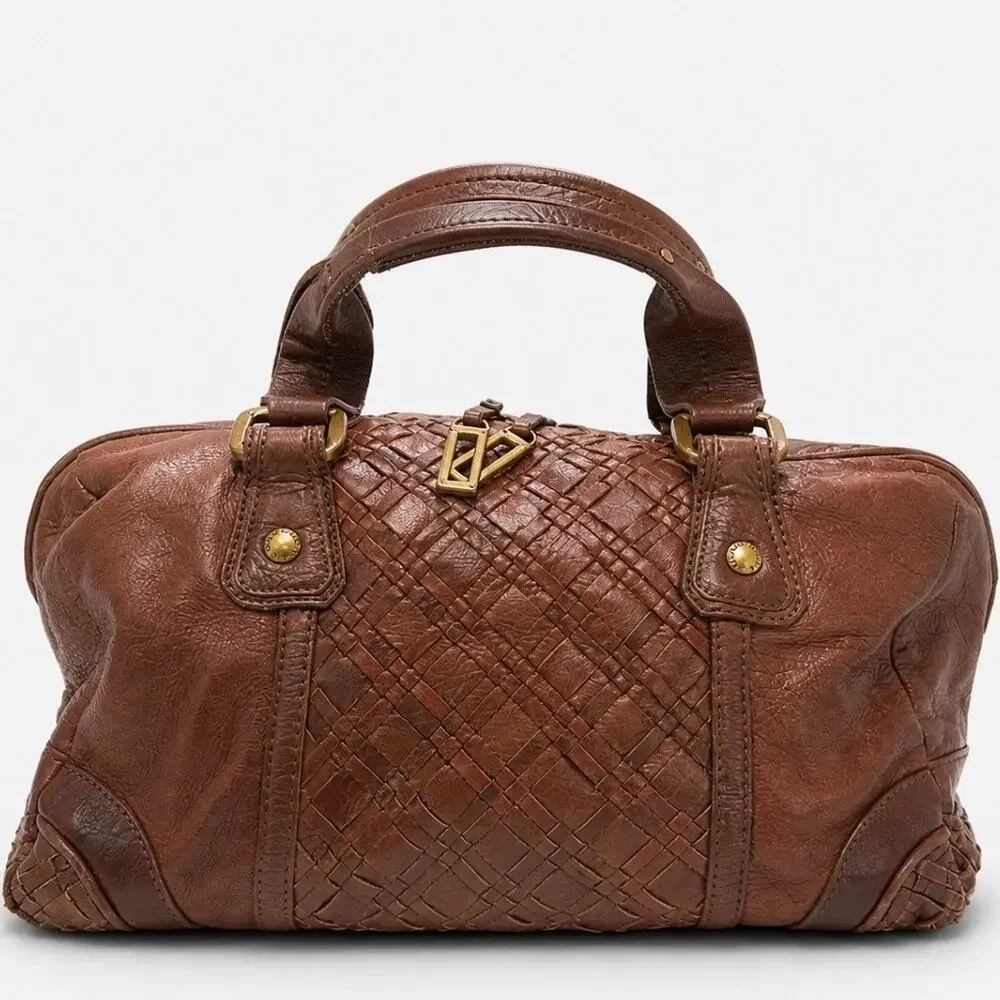 Elliot Lucca Brown Leather Satchel Y2K Woven Detail Top Handle Bag